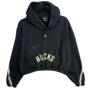 Jordan M NBA Bucks Cropped Black Hoodie Pocket Streetwear Basketball Logo Sporty
